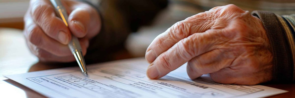 Person filling out a mail-in ballot at home, pen in hand and focused expression
